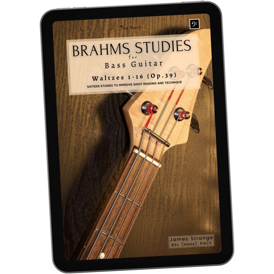 Cover of Brahms Studies for Bass Guitar on tablet